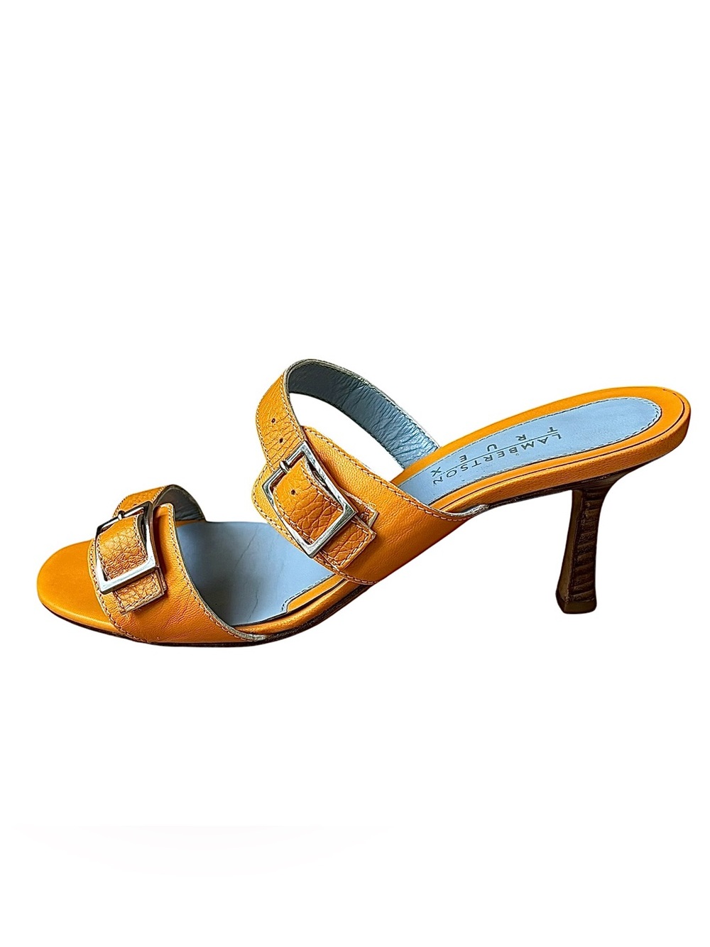 LAMBERTSON TRUEX Marigold Leather Heeled Sandals w/ Buckles - Picture 7 of 16